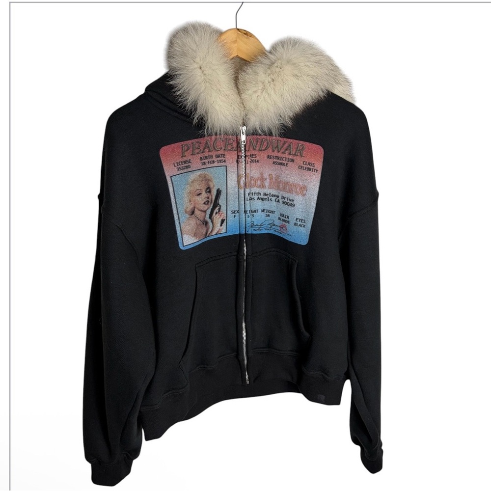 PeaceandWar black Glock Marilyn Monroe I.D. Fur trim hoodie unisex Size L